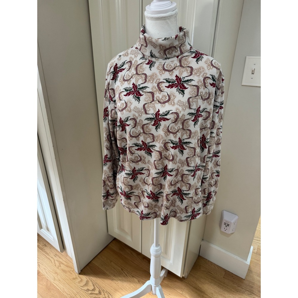 Karen Scott Sport Women‎ XL Beige Red Green Poinsettia Turtleneck Top Christmas